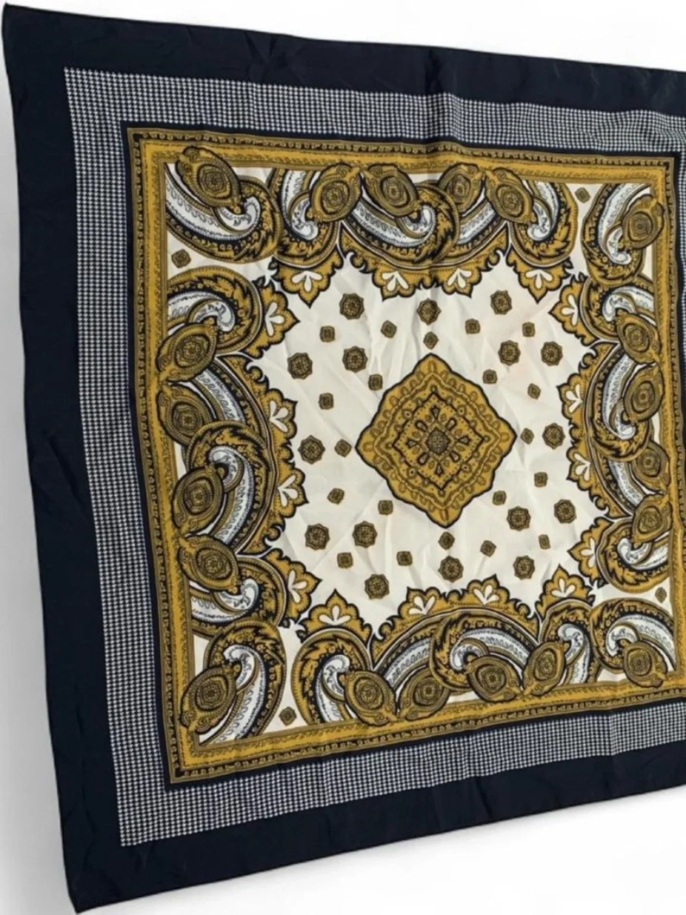 Ornate Paisley and Houndstooth Square Scarf in Black, Gold & Cream Classic 34x34